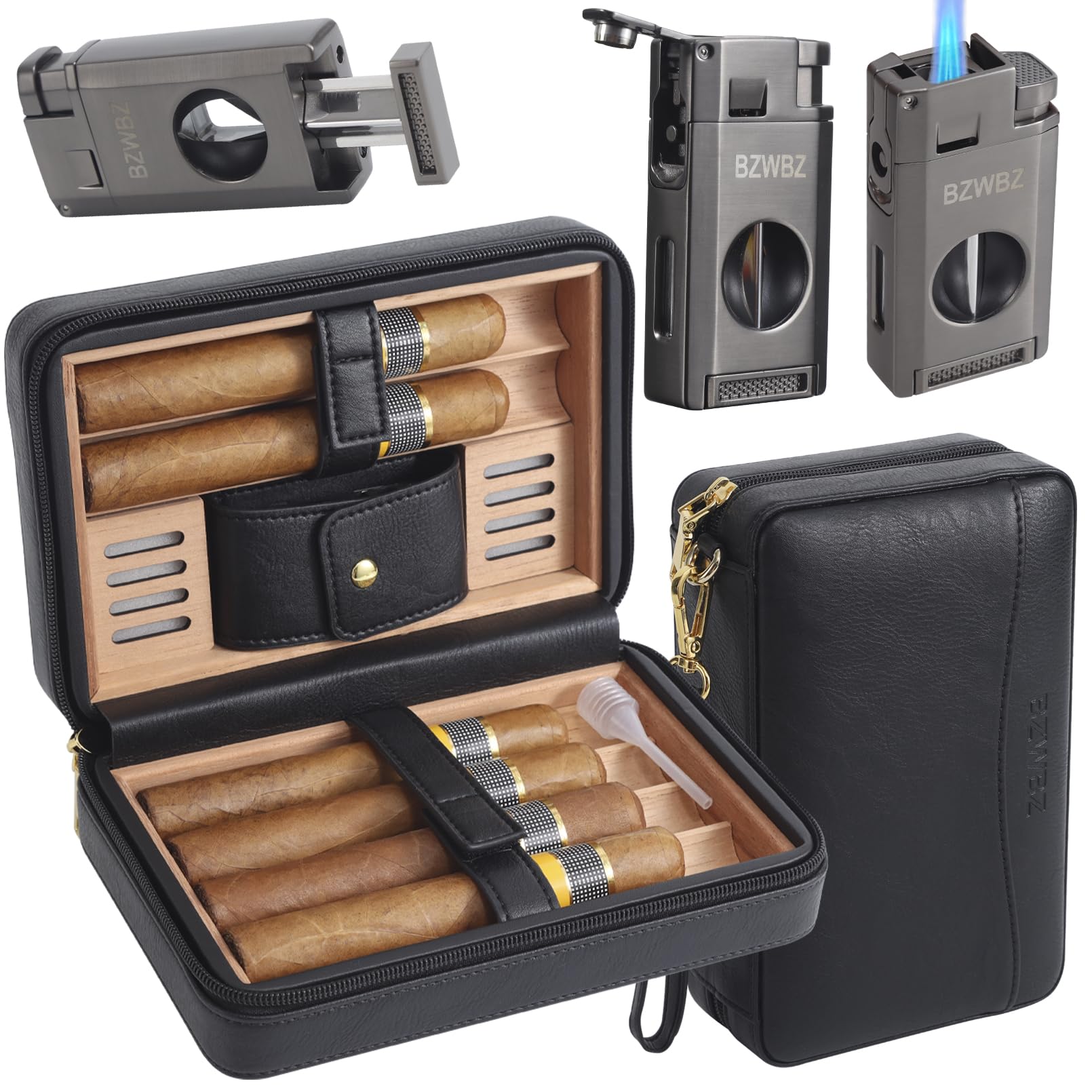 Premium Travel Cigar Humidor Set with Natural Cedar Wood Lining - Includes V-Cut Cutter, Punch Tool & Flameless Lighter - Holds 6 Cigars - Perfect for Outdoor Adventures, Business Trips & Gifts for Cigar Enthusiasts