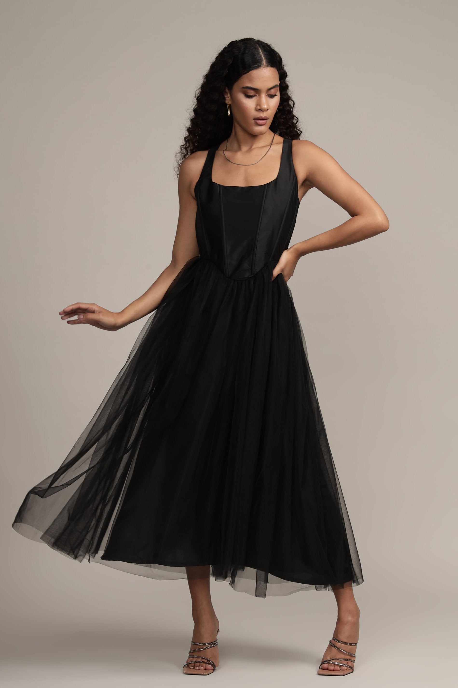 Gaela Mesh Midi Dress - Black Elegant Flowy Summer Dress for Women | Perfect for Beach Vacations, Date Nights & Cocktail Parties