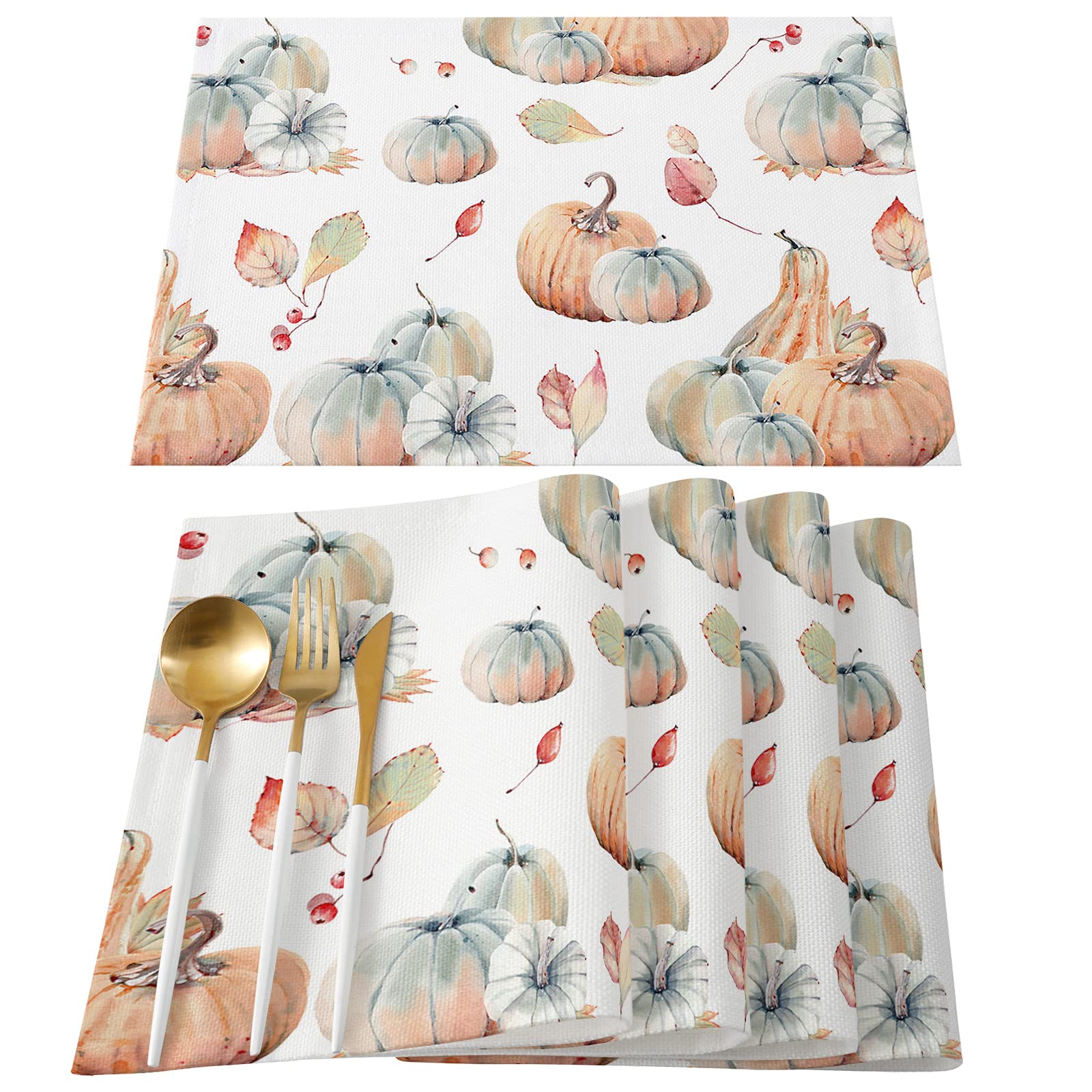 4-Pack Cotton Linen Placemats Set - Fall Pumpkin Watercolor Design, Burlap Textured Waterproof Table Mats for Dining, Thanksgiving & Farmhouse Decor - Washable for Everyday Use, Pet-Friendly Placemats for Cats & Dogs