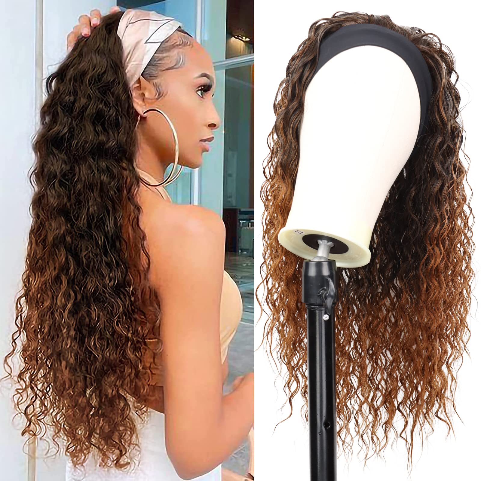 G&T Curly Headband Wigs for Black Women - Ombre Blonde Wet & Wavy Synthetic Wig | Glueless Heat Resistant Long Curly Hair | Perfect for Daily Wear, Parties & Special Occasions