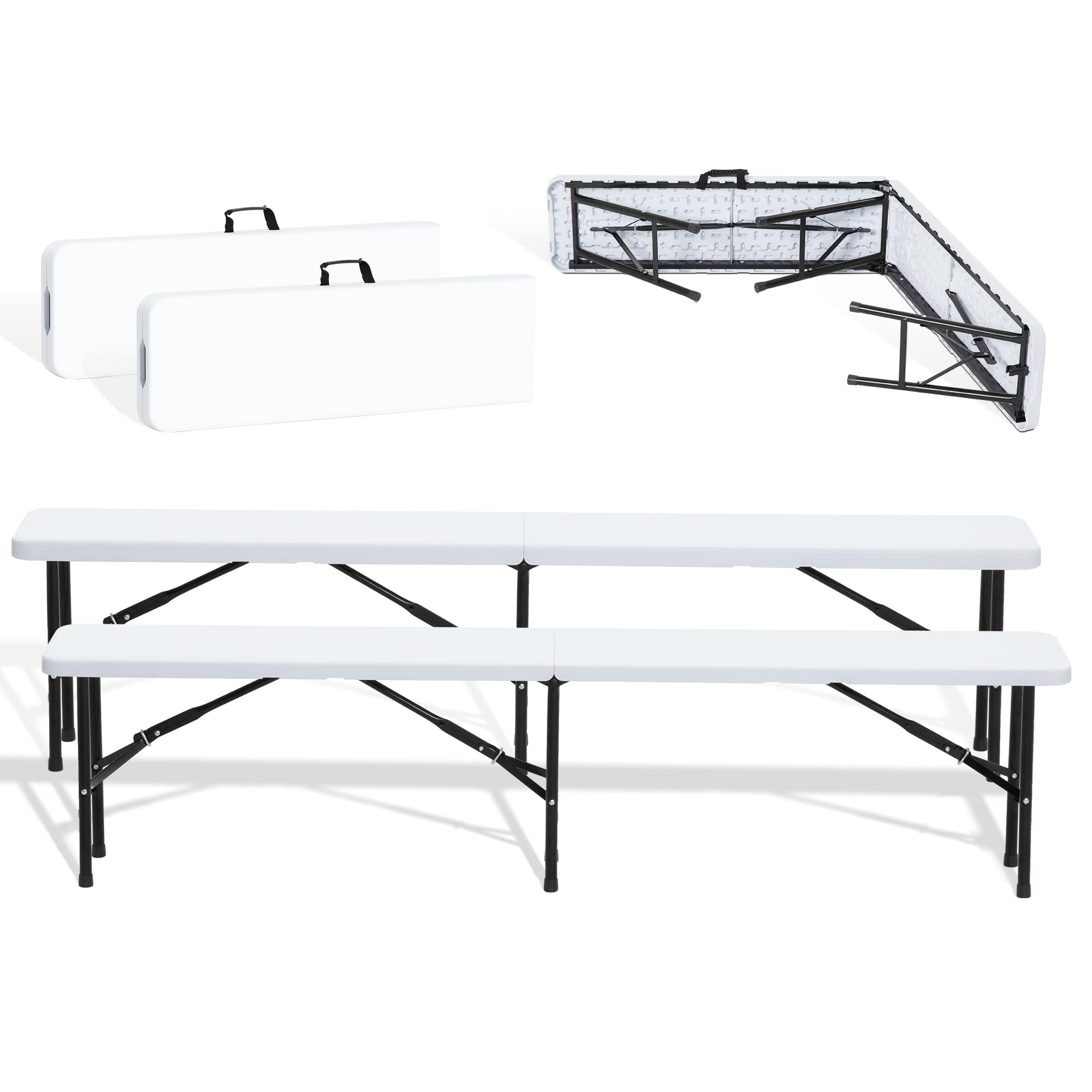 Real Relax 6FT Folding Bench - 2 Pack Portable Camping Bench with Handle & Non-Slip Pad - Waterproof Outdoor Bench for Garden, Picnic, Beach, Backyard, Patio - Perfect for Camping, Tailgating & Outdoor Entertaining (White)