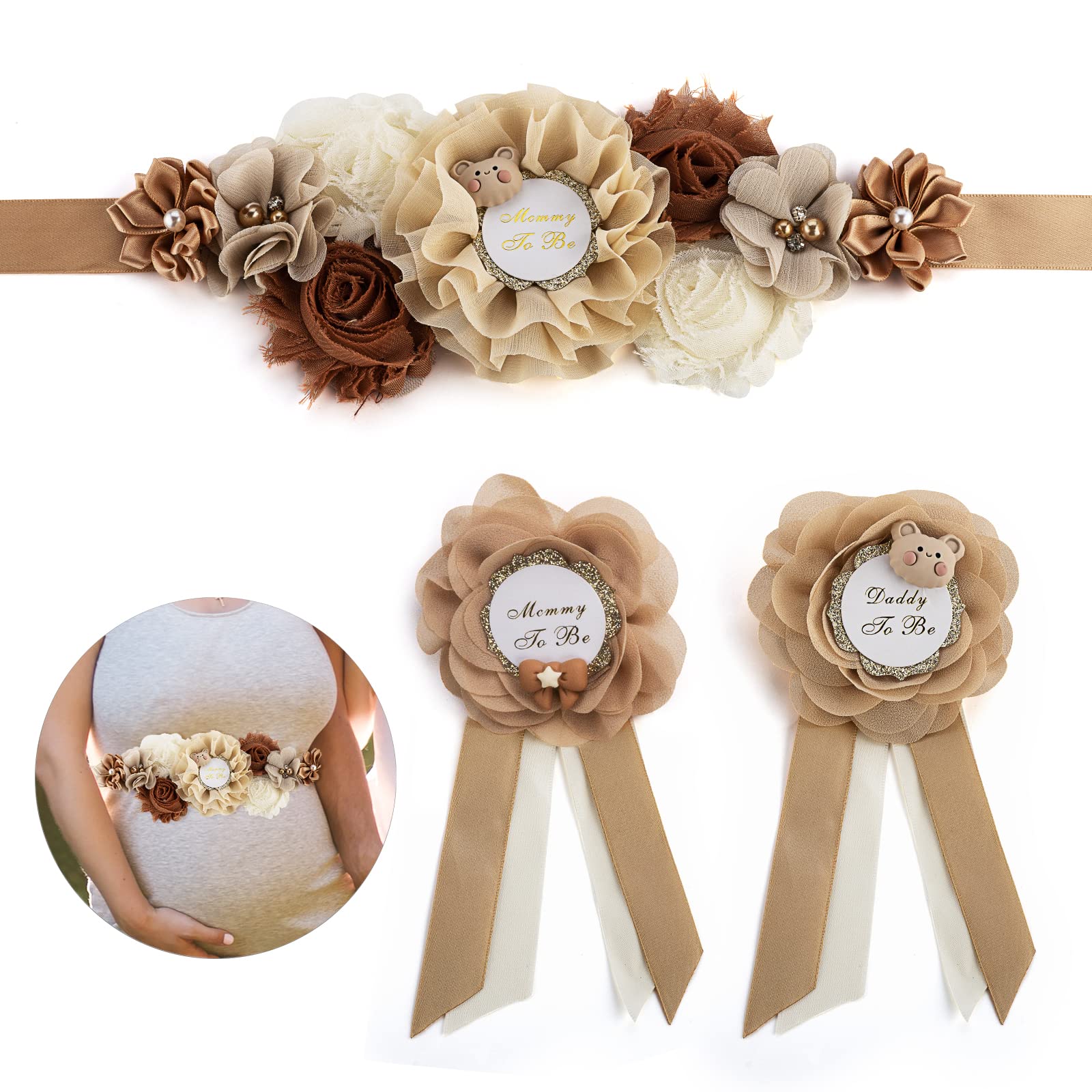 3PCS Teddy Bear Baby Shower Sash Set - Maternity Sash for Mom-to-Be, Gender Neutral Baby Shower Decorations, Photo Props & Party Favors (Brown) - Perfect for Gender Reveal, Baby Shower Decor & Photography Backdrops