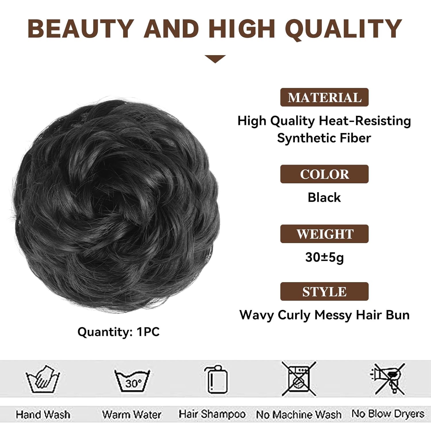 1PCS Deluxe Matte Messy Bun Hair Piece - Wavy Curly Elastic Scrunchies for Women | Hair Bun Donut Ponytail Extensions (Black) - Perfect for Everyday Wear, Parties & Special Occasions