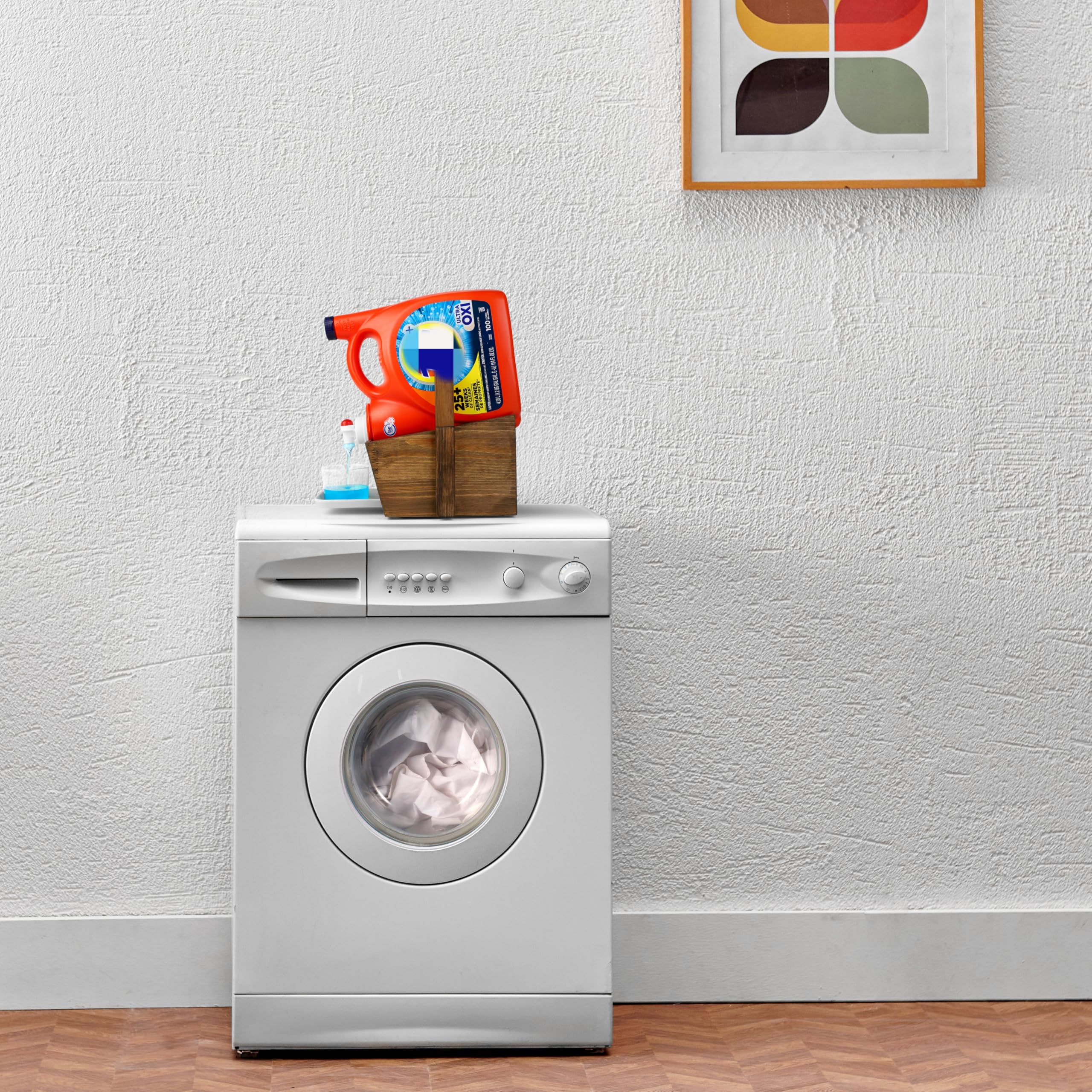 HOMKO Angled Wooden Laundry Detergent Holder with Drip Tray - Space Saving Laundry Room Organizer for Detergent Bottles & Fabric Softener - Perfect for Small Spaces, Shelves & Washing Machine Tops