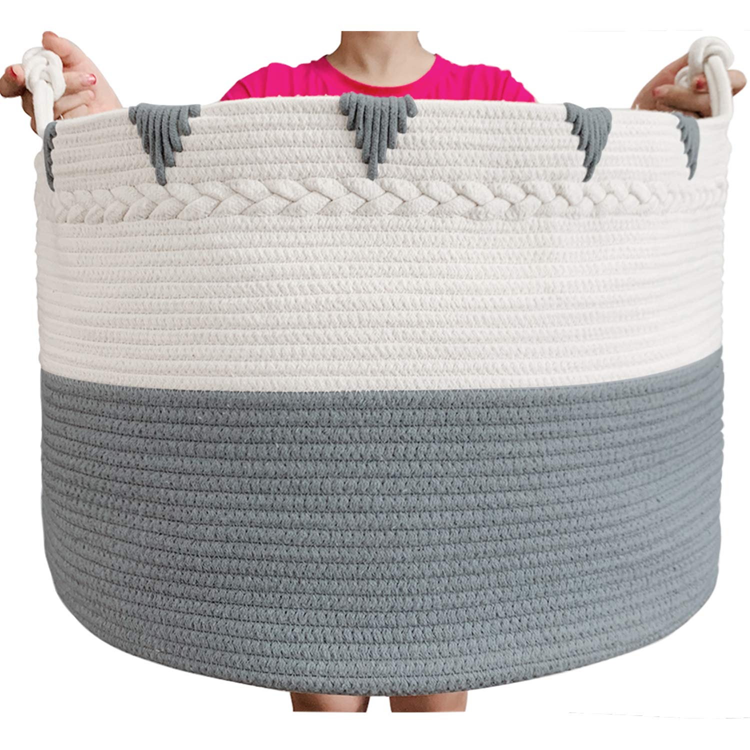 TerriTrophy Extra Large Cotton Rope Blanket Basket 22x22x16 Inches - Woven Laundry Hamper & Storage Basket for Towels, Toys, Diapers - Perfect for Nursery, Bathroom & Laundry Room Organization