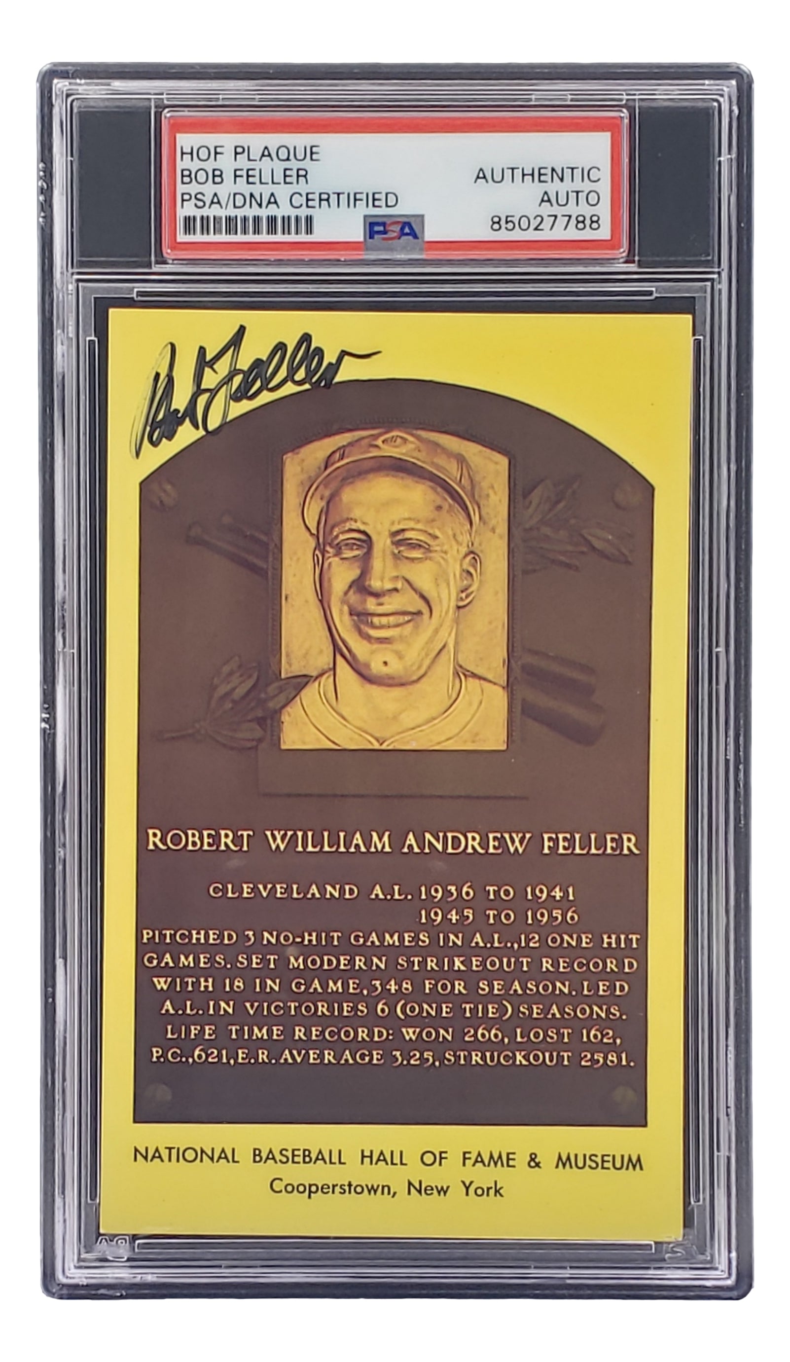 Authentic Bob Feller Signed 4x6 Cleveland Hall of Fame Plaque Card with PSA/DNA Certification 85027788 - Perfect for Baseball Memorabilia Collectors & Sports Fans