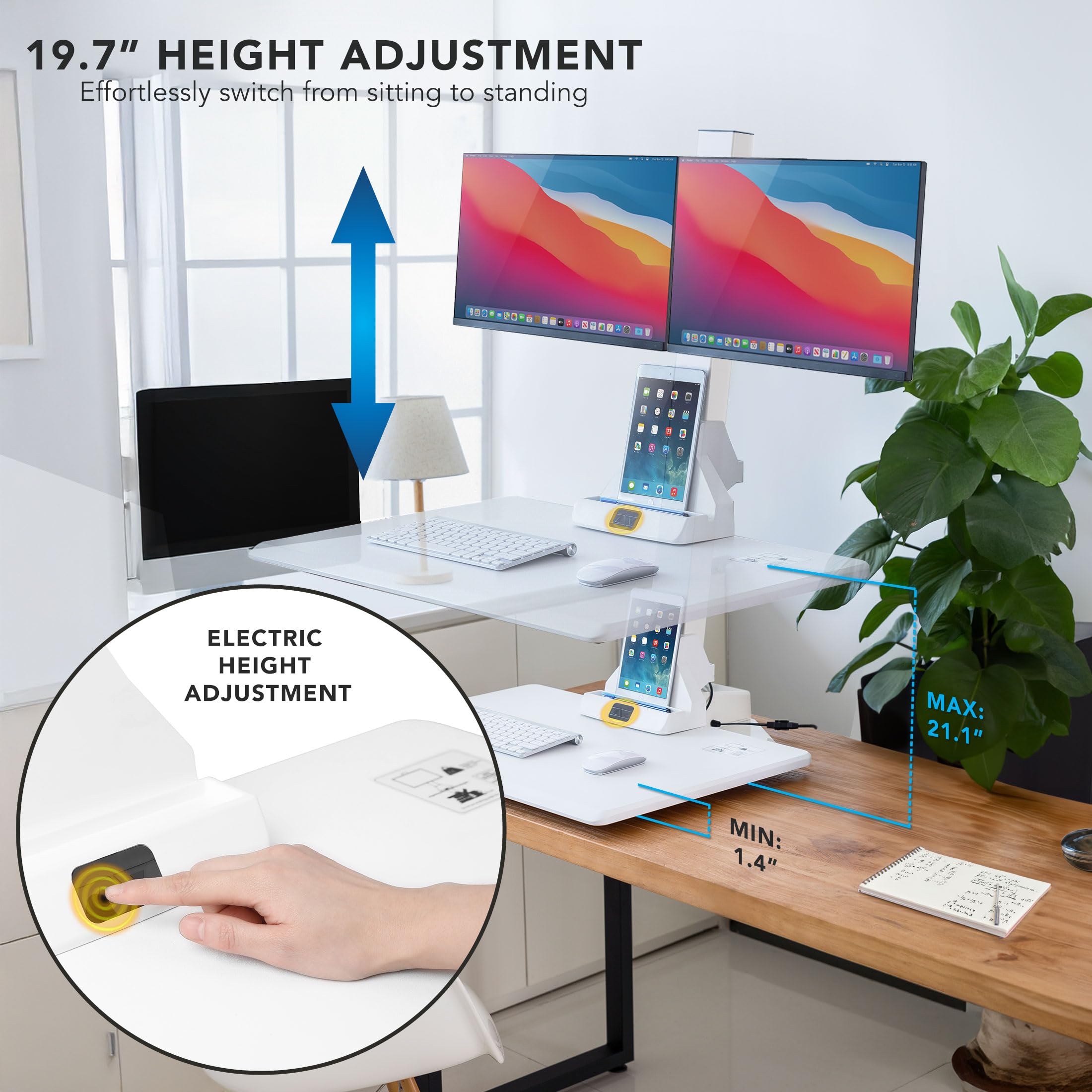Mount-It! Electric Sit Stand Desk Converter - Motorized Adjustable Height Standing Desk Riser with Dual Monitor Mounts & Tablet Slot - Ergonomic Workstation for Office, Home & Gaming - White