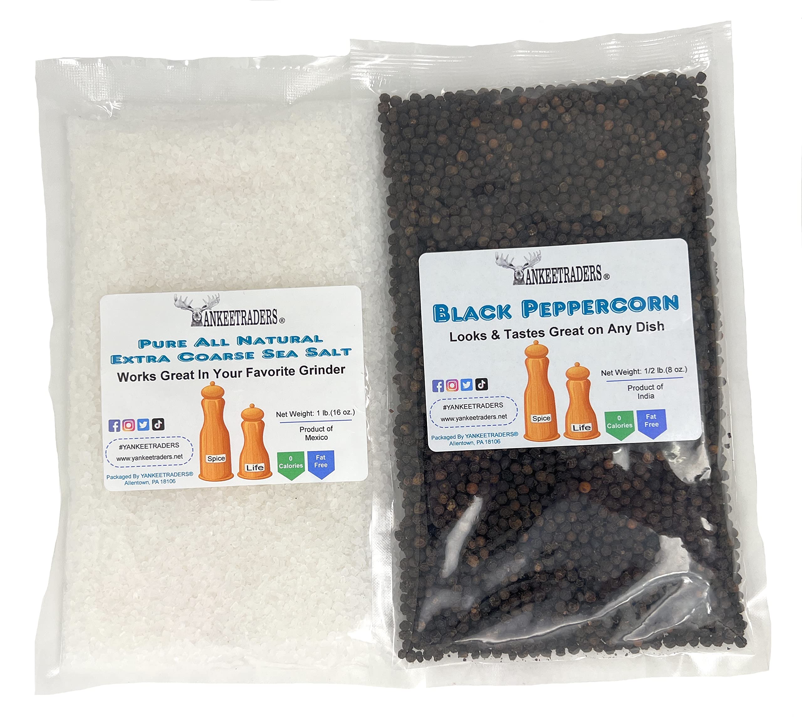 Premium Sea Salt & Whole Black Pepper Grinder Refill Packs by Yankee Traders - Fresh Gourmet Seasoning for Cooking, Grilling & Meal Prep
