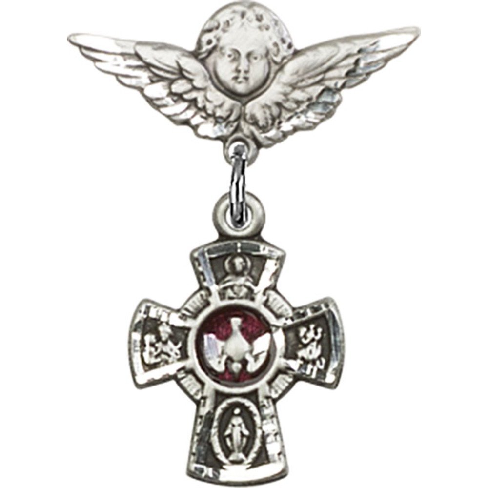 Sterling Silver Baby Badge Pin with Red 5-Way Charm & Angel Wings - 1