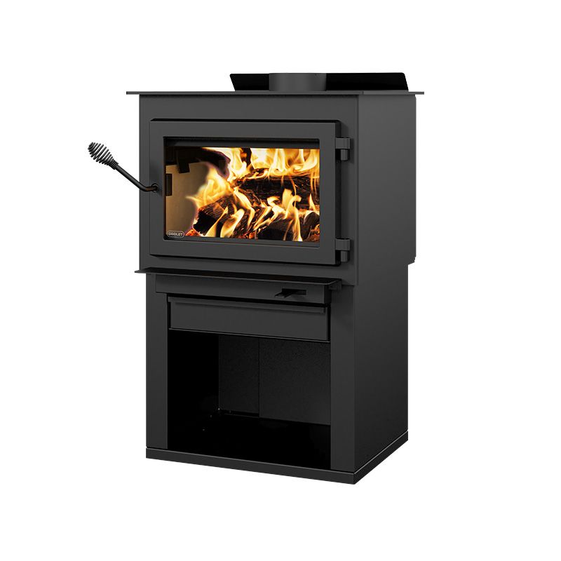 Drolet Deco Alto 2,100 Sq. Ft. Pedestal Wood Burning Stove with Log Storage - Efficient Heating for Cabins, Living Rooms & Outdoor Spaces