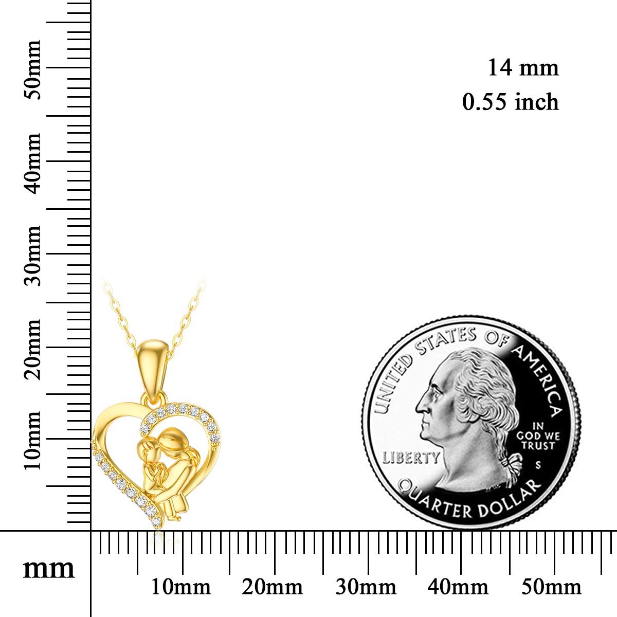 14K Solid Gold Love Heart Pendant Necklace for Women - Mother Daughter Matching Jewelry - 18