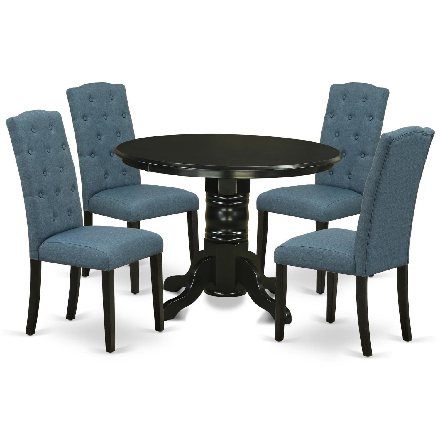 East West Furniture SHCE5-BLK-21 5-Piece Round Kitchen Dining Set for 4 - 42x42 Inch Black Pedestal Table with 4 Blue Linen Fabric Chairs - Perfect for Small Spaces, Breakfast Nooks & Cozy Apartments