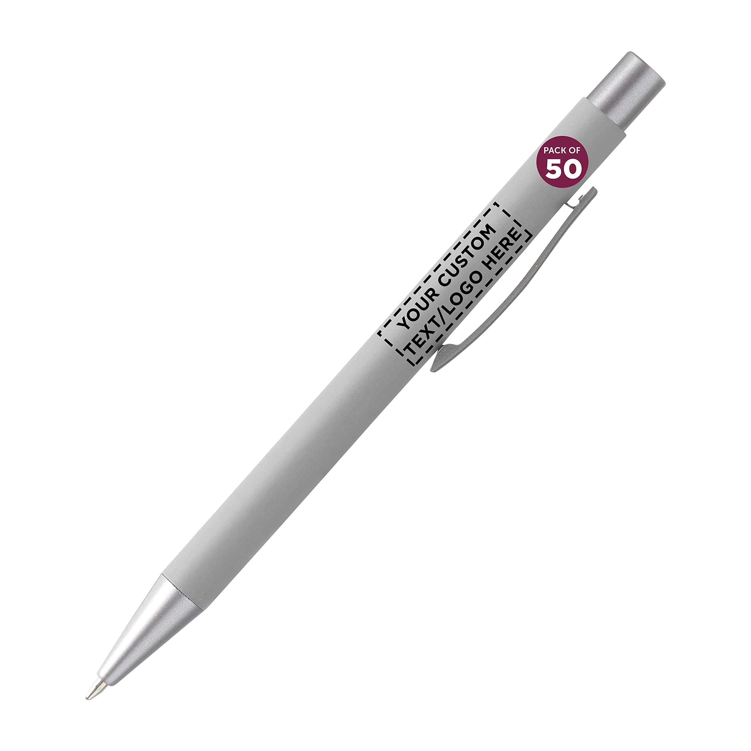 50 Pack Cordova Rubber Coated Metal Pens - Customizable with Text & Logo - Smooth Writing Push Action Ballpoint Pens with Black Ink (Grey) - Perfect for Office, School, Corporate Gifts & Promotional Events