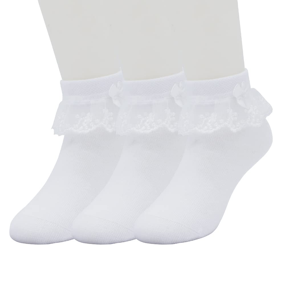 Snegyu Girls Ruffle Ankle Socks 6-Pack - White Cotton Lace Trim with Bows for School, Dress Up & Everyday Wear (Ages 3-16) - Cute Frilly Socks for Kids, Toddlers & Teens