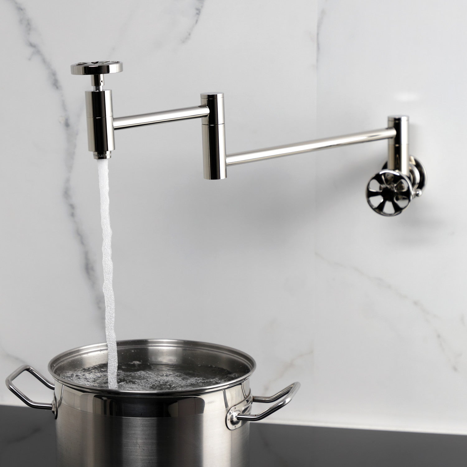 Belknap KS8106RX Two Handle Wall Mount Pot Filler Faucet in Polished Nickel - Perfect for Kitchen Sink & Stove Area, Ideal for Cooking & Filling Large Pots