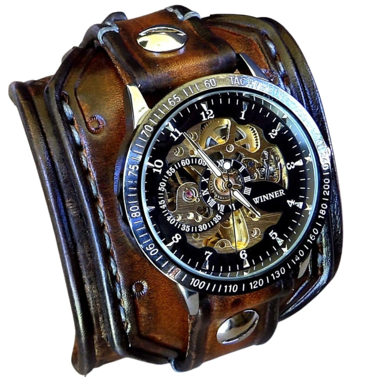 Steampunk Skeleton Mechanical Watch for Men - Vintage Leather Cuff Wristwatch with Wide Band, No Battery Needed - Perfect Gift for Him, Ideal for Cosplay, Gothic Fashion & Steampunk Events