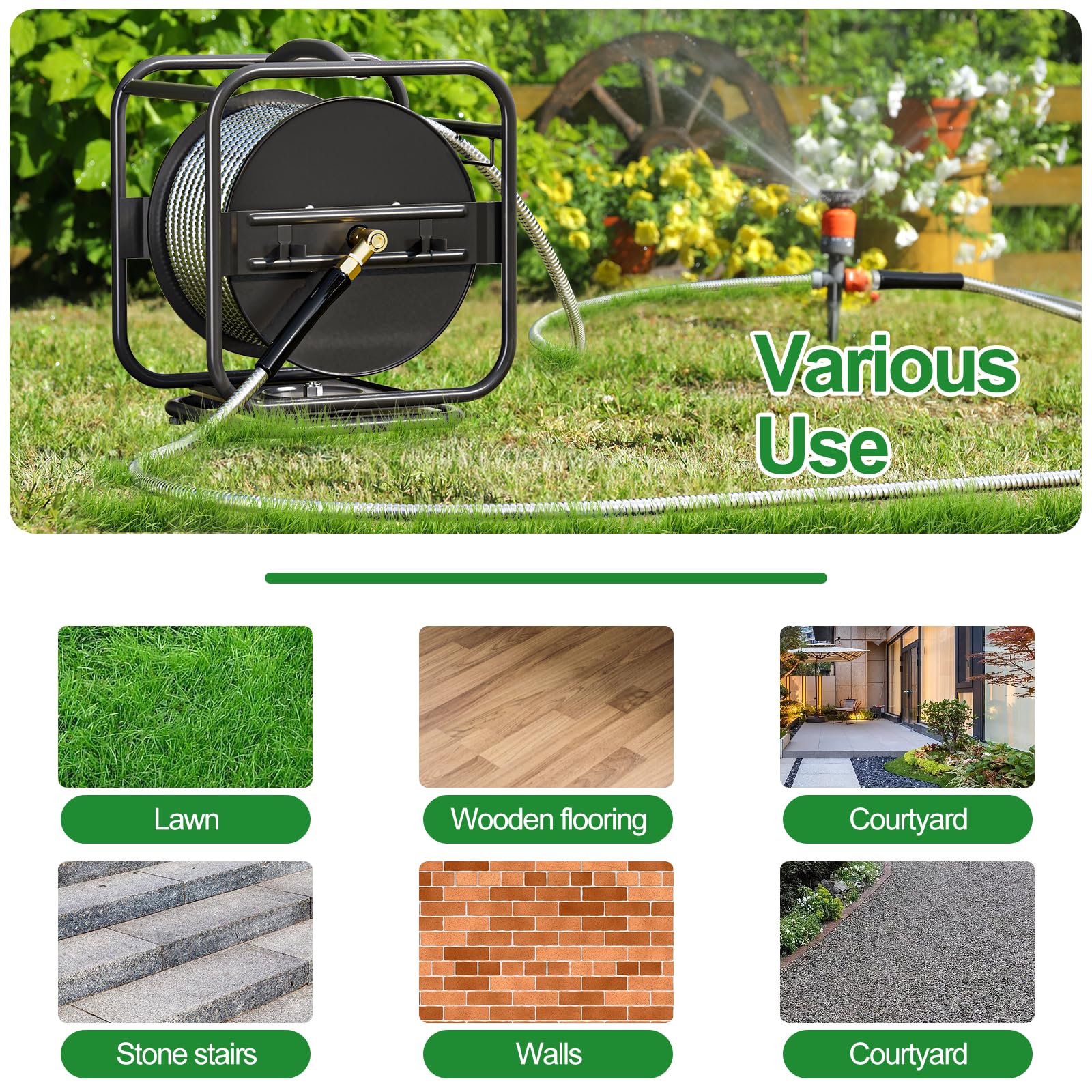 Heavy Duty Metal Garden Hose Reel with 100ft 304 Stainless Steel Hose & Aluminum Nozzle - Wall Mount/Floor Standing Water Pipe Storage Spool - 360° Swivel Rotation Frame with Winder - Perfect for Lawn, Yard, Garden Watering & Car Washing (Black)