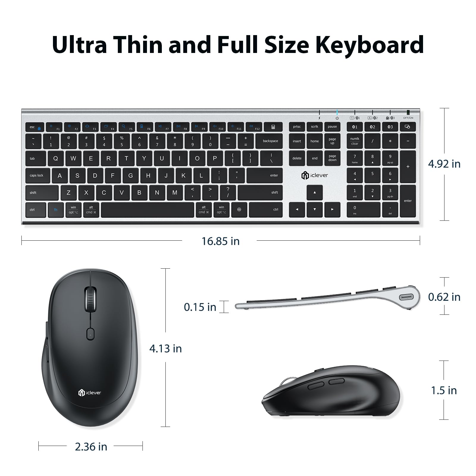 iClever Bluetooth Keyboard & Mouse Combo - Wireless, Rechargeable with Numeric Keypad for Mac, iPad, Windows - Perfect for Office & Home Use