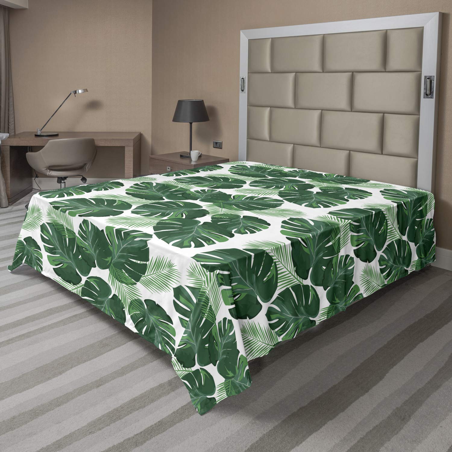 Ambesonne Monstera Leaf Flat Sheet - California King Size, Soft & Comfortable Decorative Bedding with Rhythmic Pinnate Motifs in White & Jade Green | Perfect for Tropical & Boho Bedroom Decor