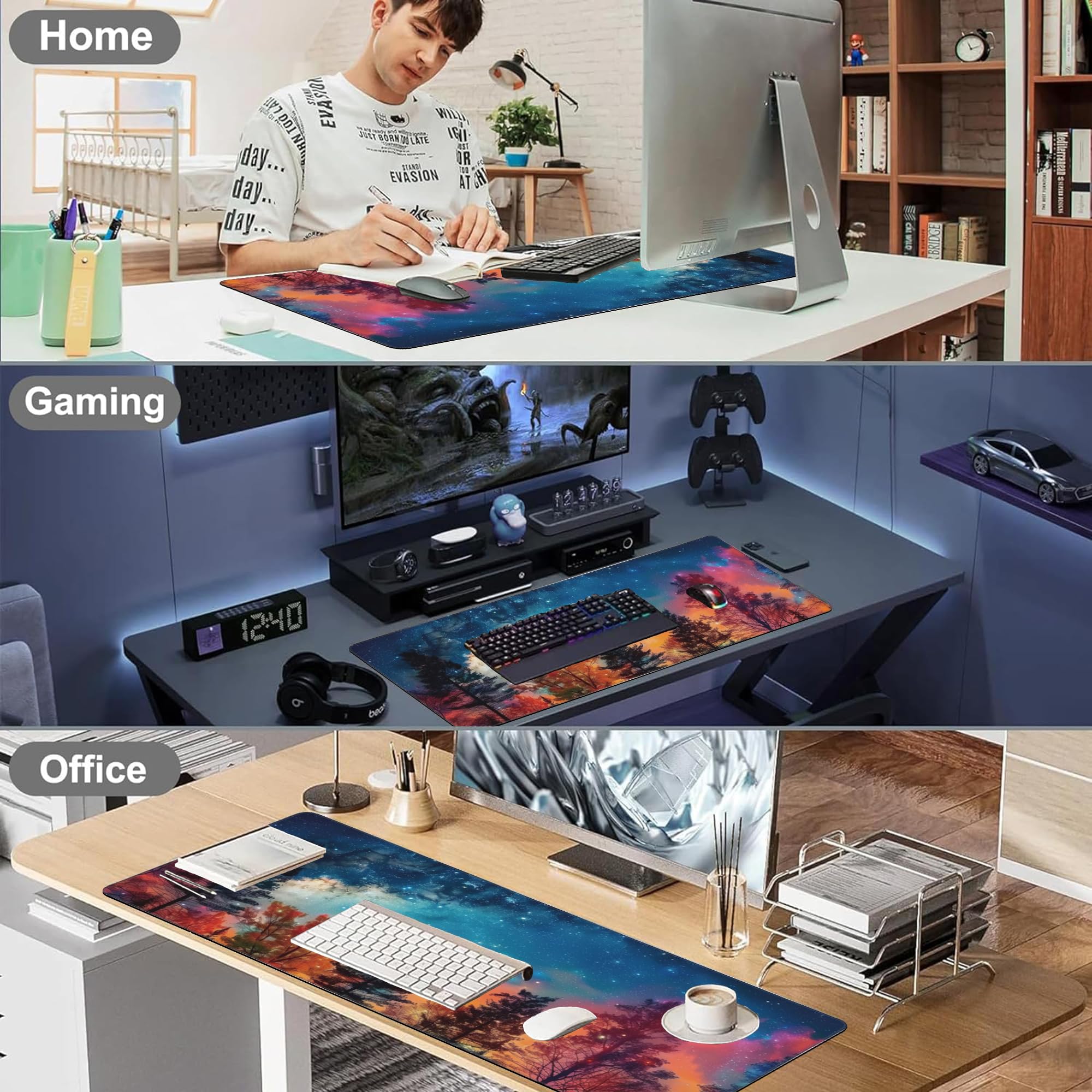 XXL Gaming Mouse Pad - Milky Way & Misty Forest Design, Non-Slip Rubber Base with Stitched Edges (35.4