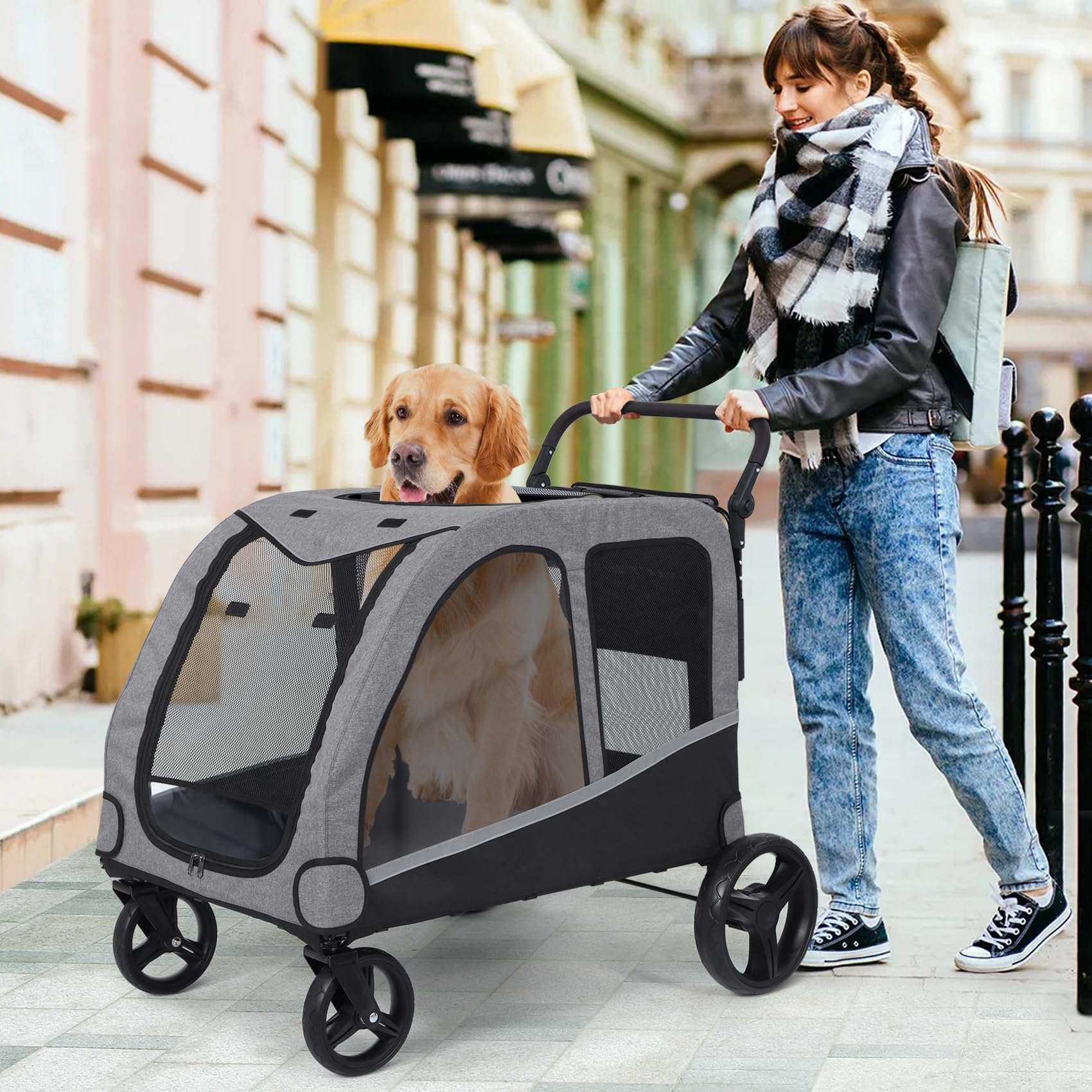 Extra Large Dog Stroller for 2 Big Dogs - Heavy Duty Pet Wagon & Carriage with Foldable Design, Adjustable Handle & Storage Pocket - Supports Up to 160 lbs - Perfect for Park Walks, Vet Visits & Shopping Trips