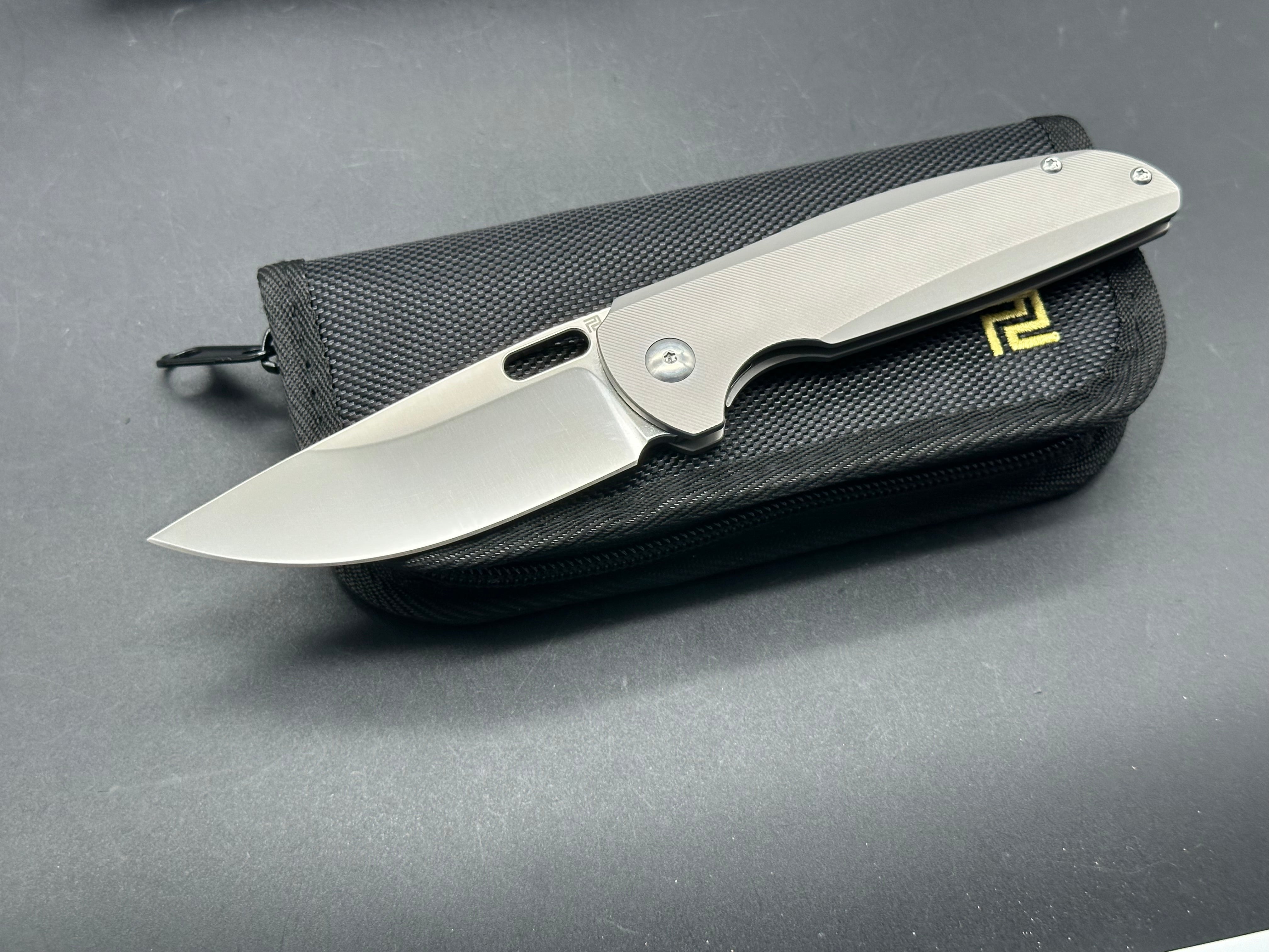 Artisan Cutlery Satyr Folding Knife - Gray Titanium Handle, S90V Steel, Drop Point Plain Edge - Perfect for Camping, Hiking & Everyday Carry (EDC)