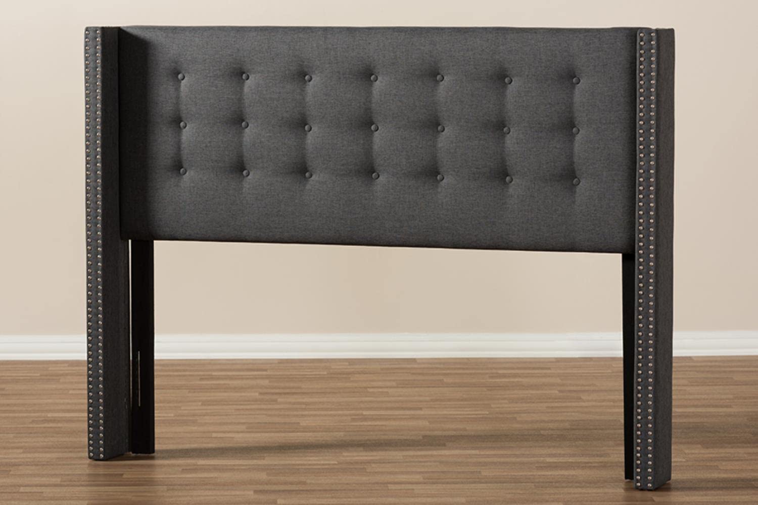 Baxton Studio Ginaro Modern Dark Grey Fabric King Size Winged Headboard with Button-Tufted & Nailhead Accents - Perfect for Contemporary Bedroom Decor & Master Suite Upgrade