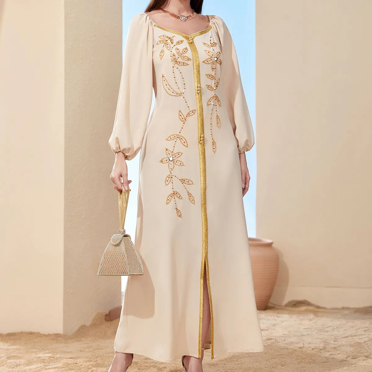 Elegant Hand-Stitched Rhinestone Beaded Caftan Dress for Women - Boho Chic Beach Cover Up, Evening Gown & Summer Party Wear