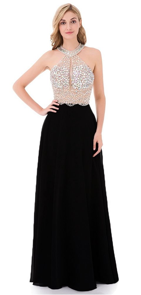Honeydress Women's Beaded Halter Prom Dress Long Chiffon Evening Gown with Rhinestones - Sleeveless Party Gown for Homecoming, Wedding Guest & Formal Events