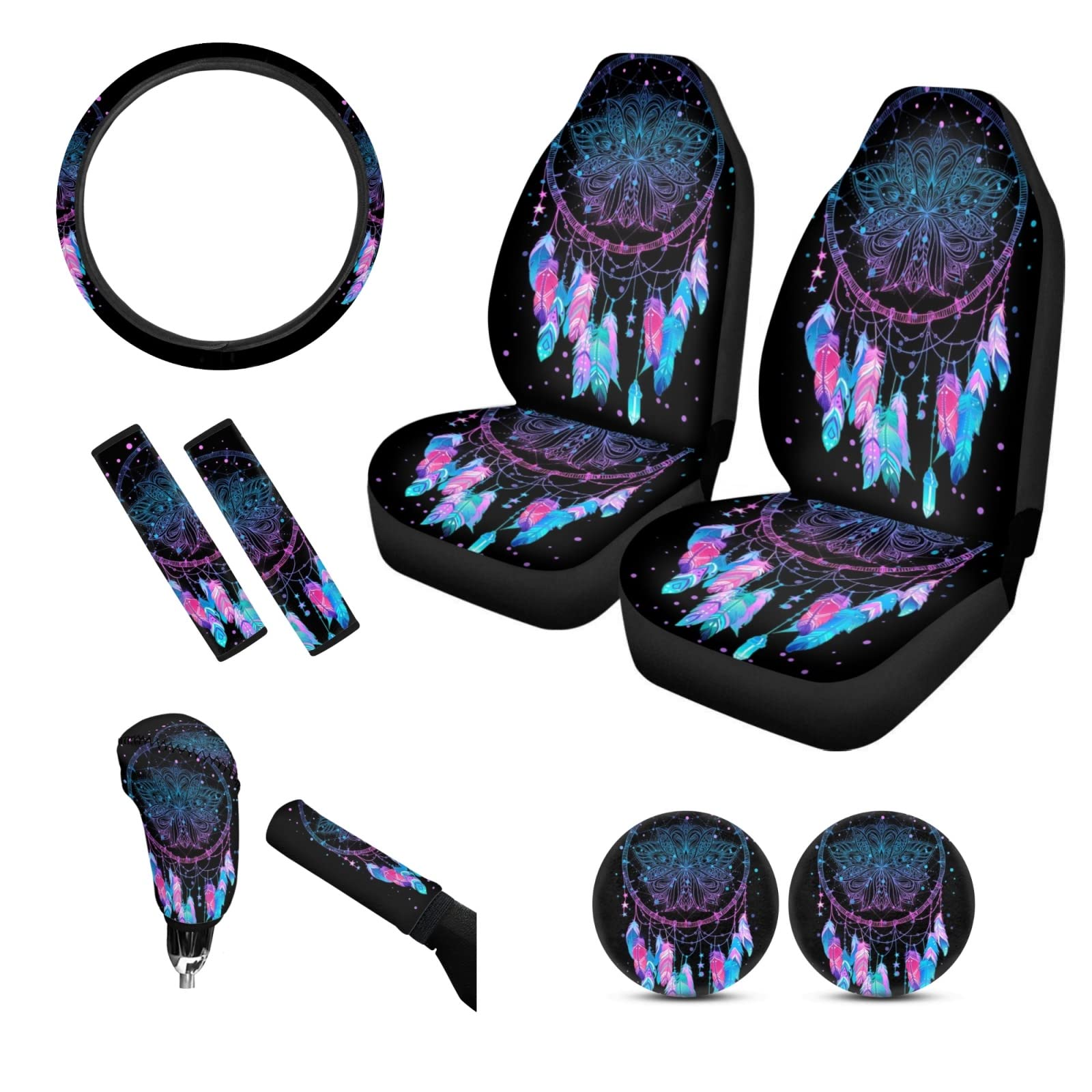 Tupalatus Dream Catcher Car Accessories Set of 9 - Seat Covers, Hand Brake Cover, Gear Shift Knob Cover, Seat Belt Pads, Coasters & Steering Wheel Cover | Universal Fit for Cars, Trucks & SUVs | Perfect for Road Trips & Interior Decoration