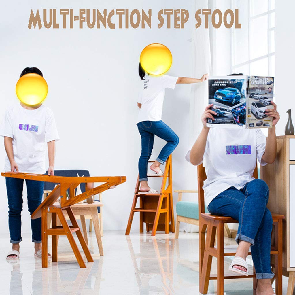 Natural Wood Folding Step Stool with Ladder - 4 Step Portable Stool Chair, Bookshelf & Home Ladder - 150kg Weight Capacity - Perfect for Kitchen, Bathroom, Library & Home Organization