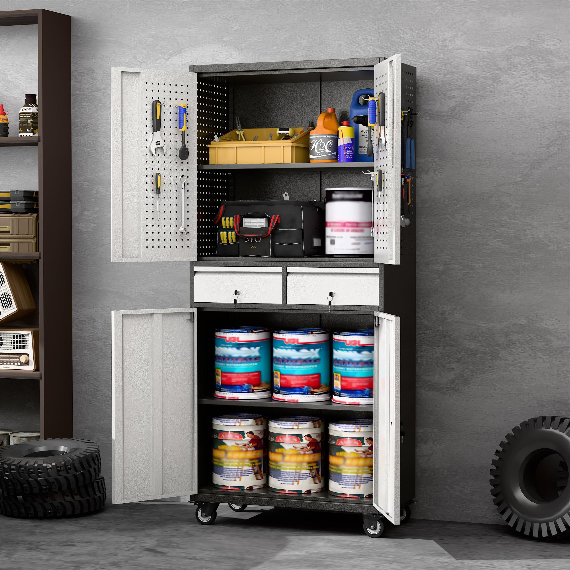 Aobabo Heavy Duty Metal Storage Cabinet with 2 Locking Drawers & Pegboard - Steel Rolling Tool Organizer with 8 Hooks & 2 Adjustable Shelves for Garage, Workshop, Home Office & Kitchen Organization (Black Gray, Assembly Required) - Perfect for Tool Storage, Workshop Organization & Home Improvement Projects