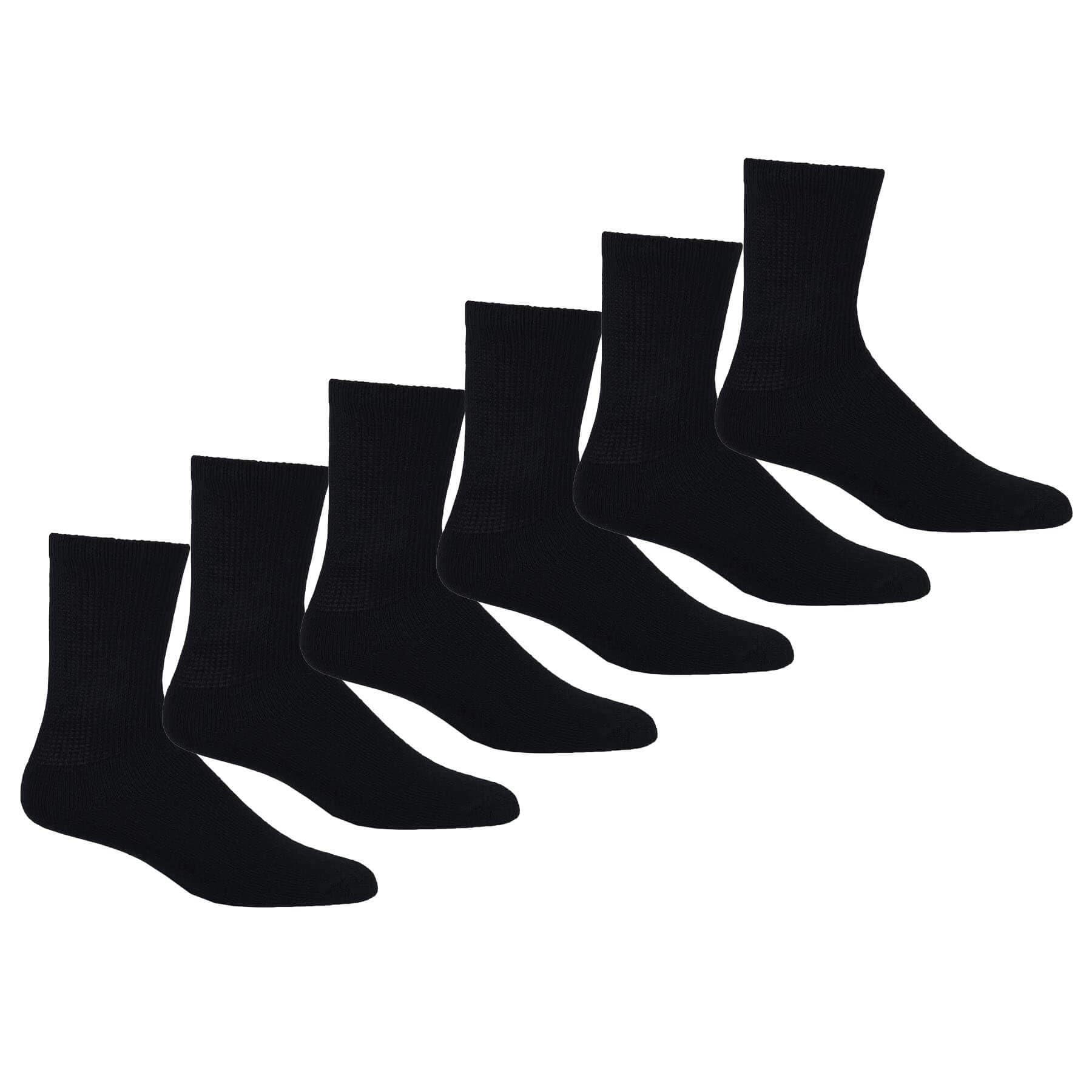 Men's & Women's Diabetic Crew Socks 6-Pack - Soft Cotton Non-Binding Top with Cushioned Sole for Foot Comfort (Black, Size 9-11) - Ideal for Daily Wear, Diabetes Care & Circulation Support