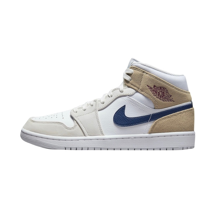 Air Jordan 1 Mid Sneakers - Tan Suede & White Leather with Blue Void & Team Red Accents | Men's Basketball Shoes for Casual Wear & Street Style