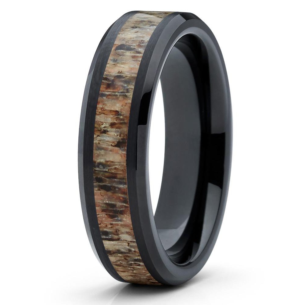 Natural Deer Antler Wedding Band for Men & Women - Handcrafted Tungsten Carbide Comfort Fit Ring - Eco-Friendly Black Wedding Ring for Outdoor Enthusiasts & Nature Lovers (Perfect for Hiking, Camping & Nature-Themed Weddings)