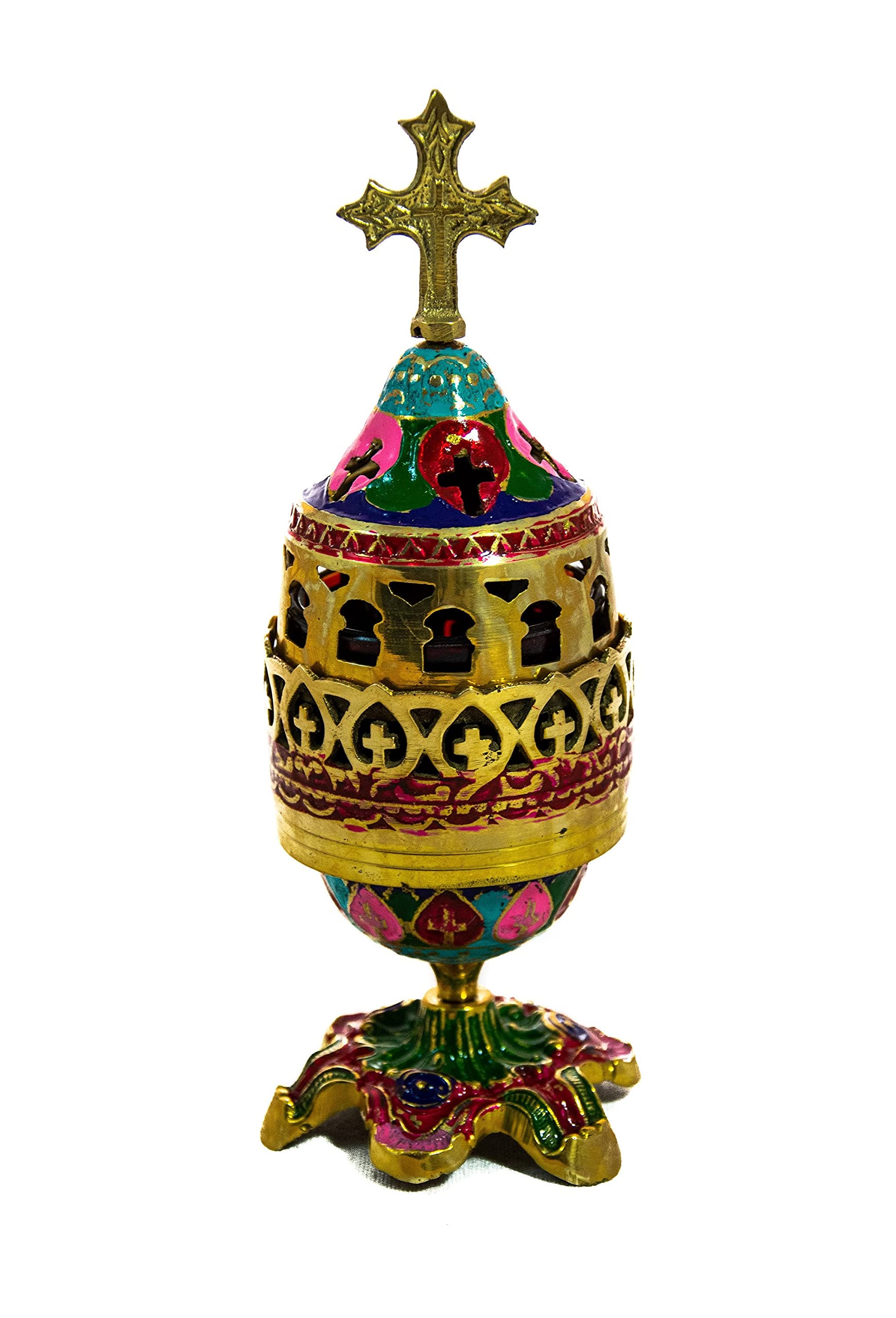 Hand-Painted Christian Brass Table Oil Vigil Lamp with Cross - Orthodox Prayer Standing Oil Candle with Glass Cup - Religious Home Decor for Church, Altar & Meditation Spaces