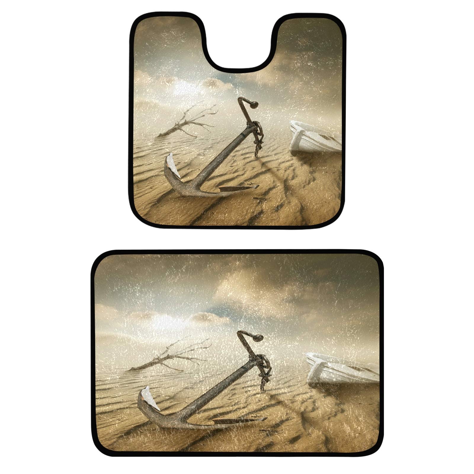 Blueangle Art Desert Boat Bathroom Rugs Set - 2 Piece Microfiber Non-Slip Bath Mat & U-Shaped Toilet Rug, Ultra Absorbent Plush Shower Mats for Tub, Bathroom Floor - Perfect for Coastal, Nautical or Beach Theme Decor
