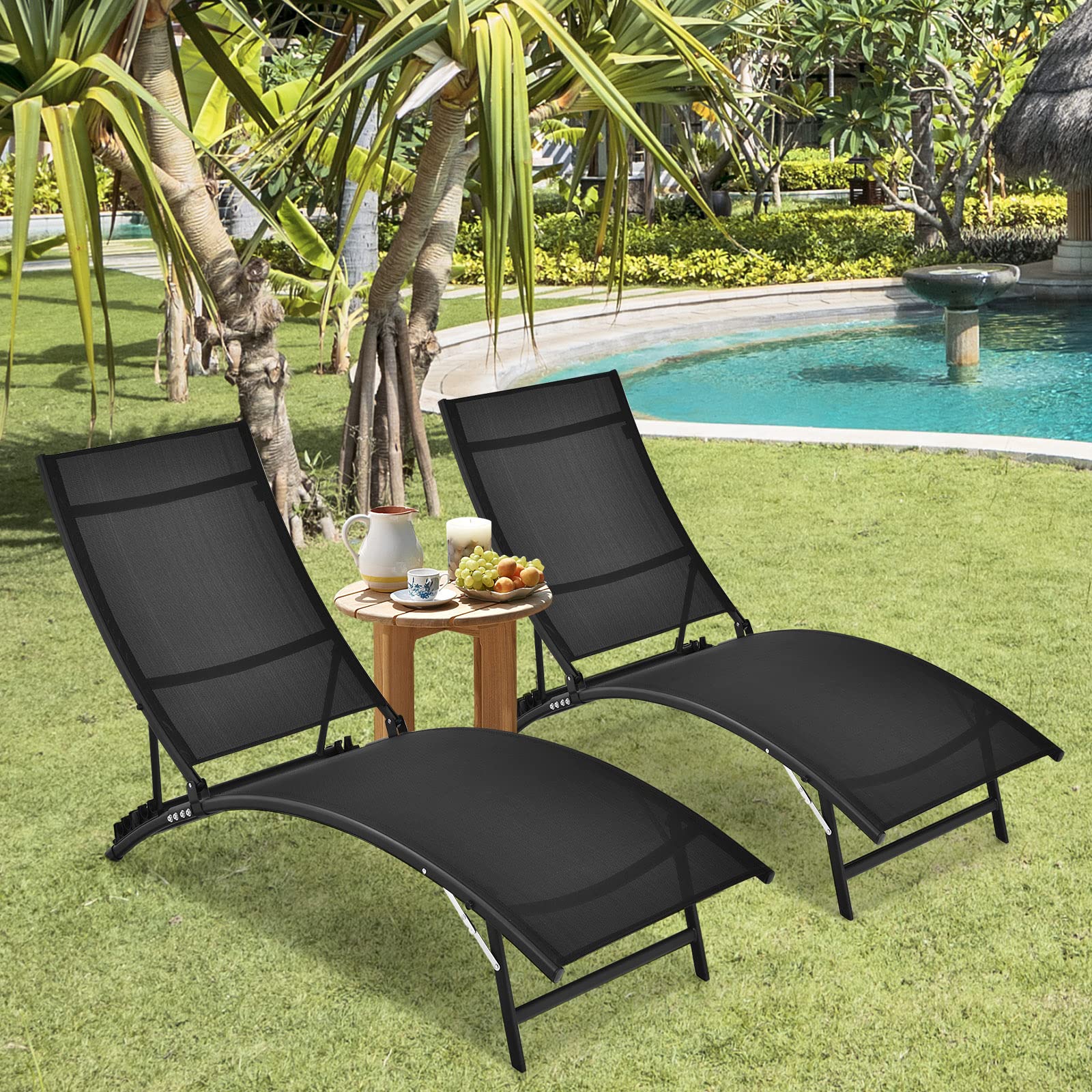 Giantex Outdoor Chaise Lounge Set of 2 - Foldable Pool Lounge Chairs with 5-Position Adjustable Backrest, Quick-Drying Fabric - Patio Lounger for Backyard, Beach, Lawn & Sunbathing - Perfect for Poolside Relaxation, Summer Vacation & Outdoor Lounging (Black)