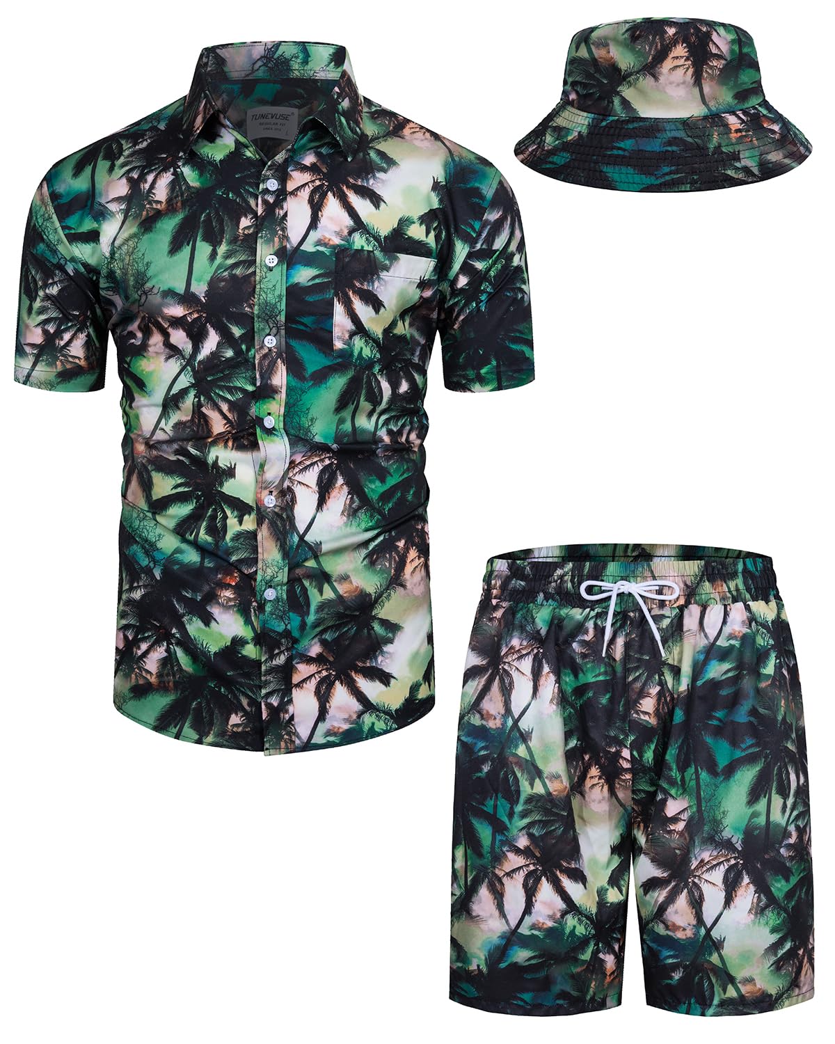 TUNEVUSE Men's Hawaiian Shirt and Shorts Set - 2 Piece Tropical Beach Outfit with Floral Print & Bucket Hat | Summer Vacation, Luau Party, Poolside Relaxation