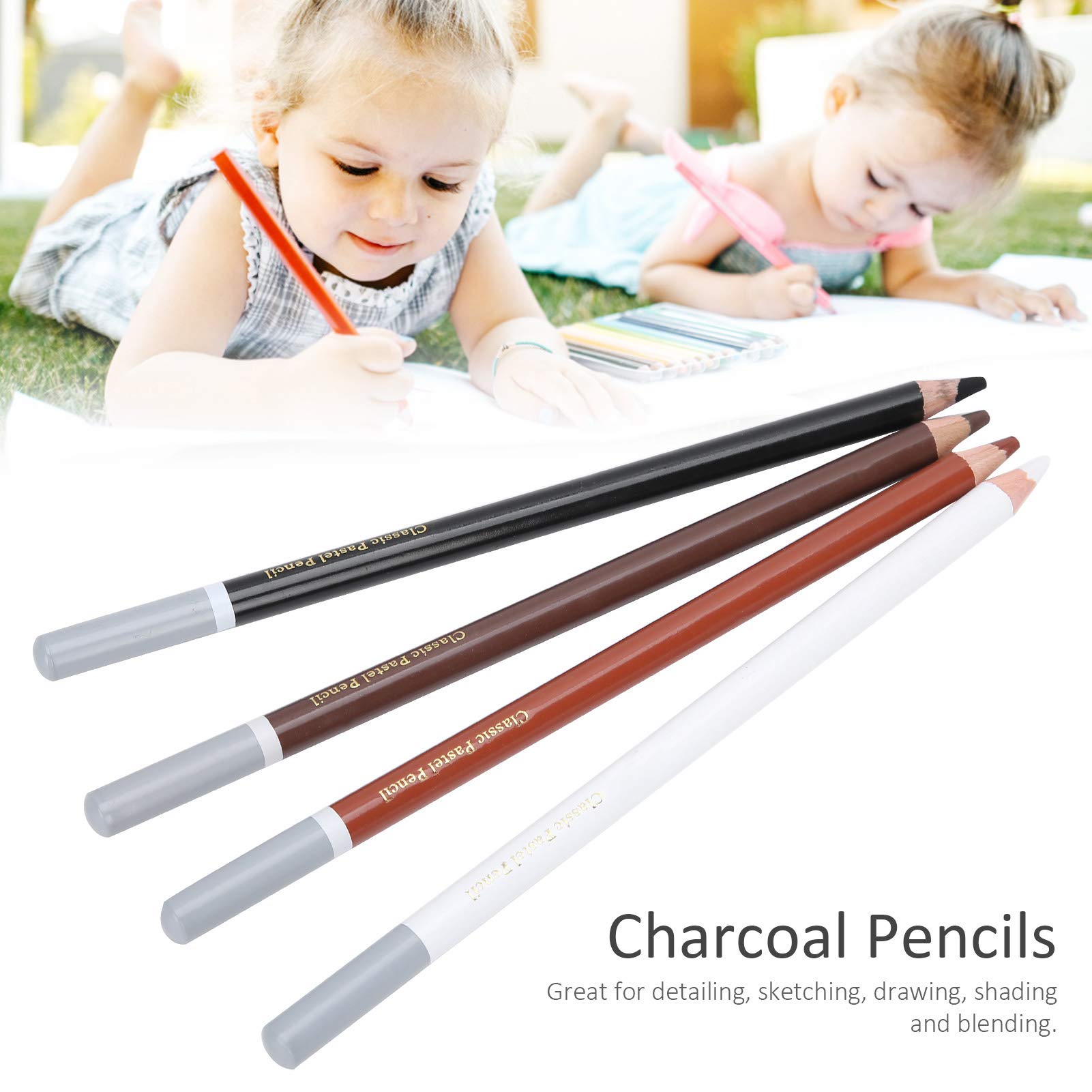 Professional 4PCS Charcoal Pencils Drawing Set - Soft/Hard Charcoal, White & Color Pencils for Sketching, Shading, Blending - Perfect for Artists, Students & Sketchbook Drawing