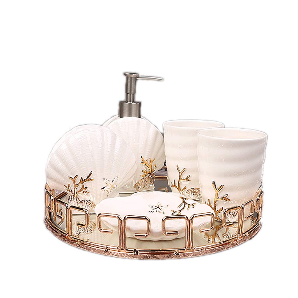 Ceramic Soap Dispenser Set - 5 Piece Bathroom Accessories Kit with Soap Pump, Lotion Bottle, Toothbrush Holder, Tumblers & Soap Dish - Elegant Home Decor for Bathroom Vanity, Guest Bath or Spa Style Setup (Color: Five-Piece Bathroom Set D)