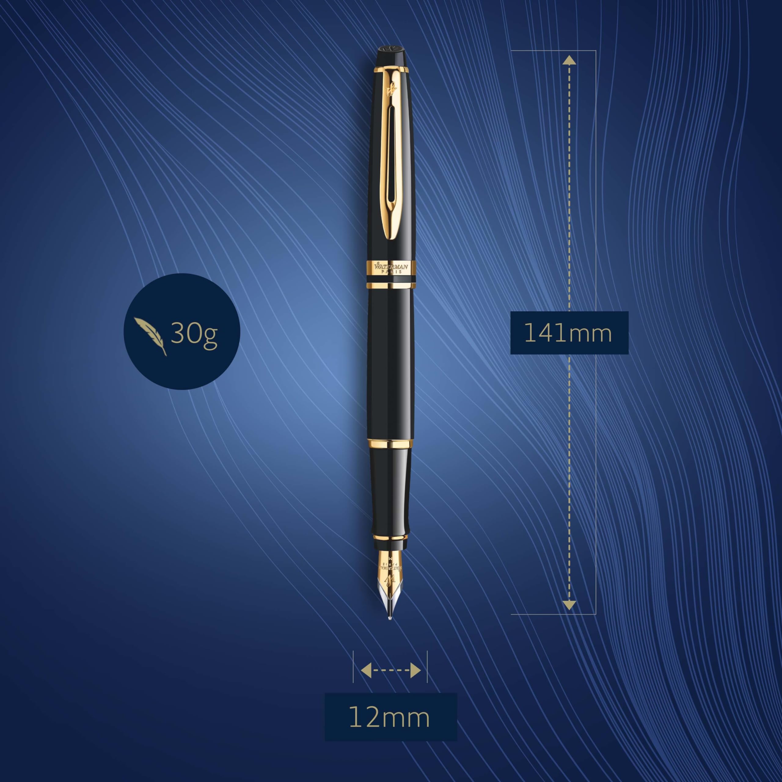 Waterman Expert Fountain Pen - Gloss Black with 23k Gold Trim, Medium Nib, Luxury Gift Box | Premium Writing Instrument for Business Professionals, Graduation Gifts & Collectors | Elegant Office Use & Special Occasions
