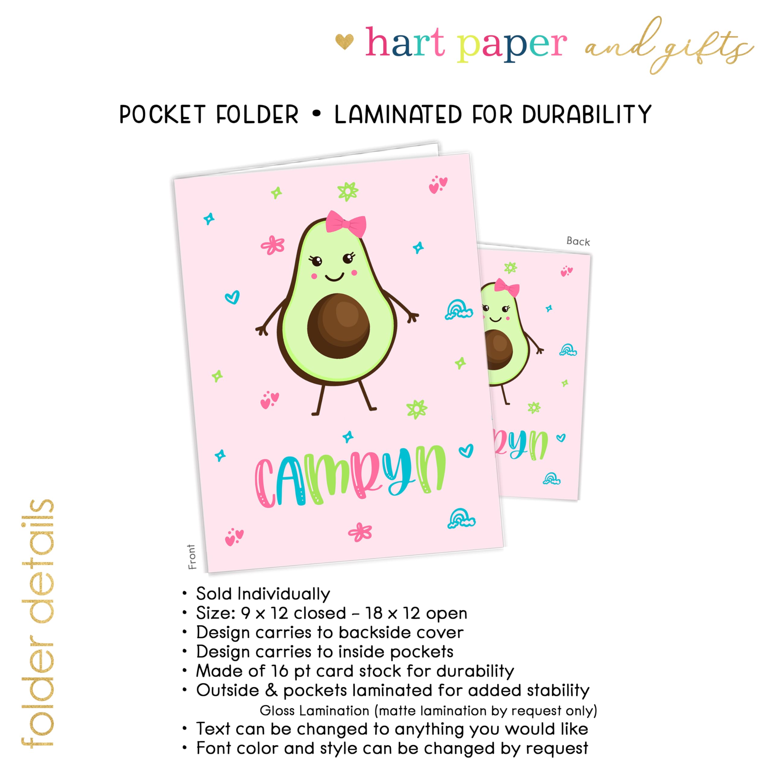 Custom Personalized Avocado Pocket Folder - Gift for Teachers, Students, Office & Birthday (Kids, Boys, Girls, Adults) - Perfect for Back to School Supplies, Organizing Documents & Unique Gifting