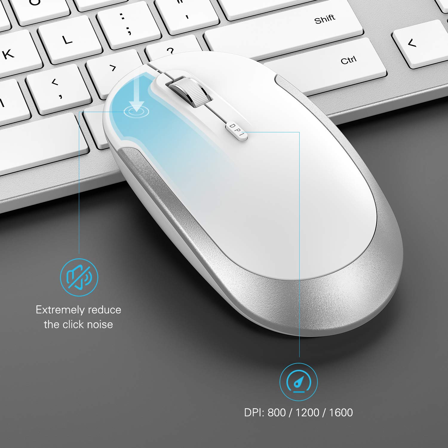 Slim Wireless Keyboard and Mouse Combo with Numeric Keypad - 2.4G Full Size Wireless Keyboard & Mouse Set with Adjustable DPI, Stable Connection (White & Silver) for Home Office, Gaming, and Productivity Work