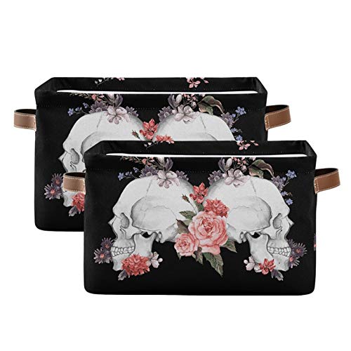 AUUXVA Floral Rose Sugar Skull Halloween Foldable Storage Basket - Large Collapsible Organizer Bin with Handles for Toys, Bathroom, Nursery & Closet (1 Pack) | Perfect for Seasonal Decor, Kids Room Organization & Home Storage Solutions