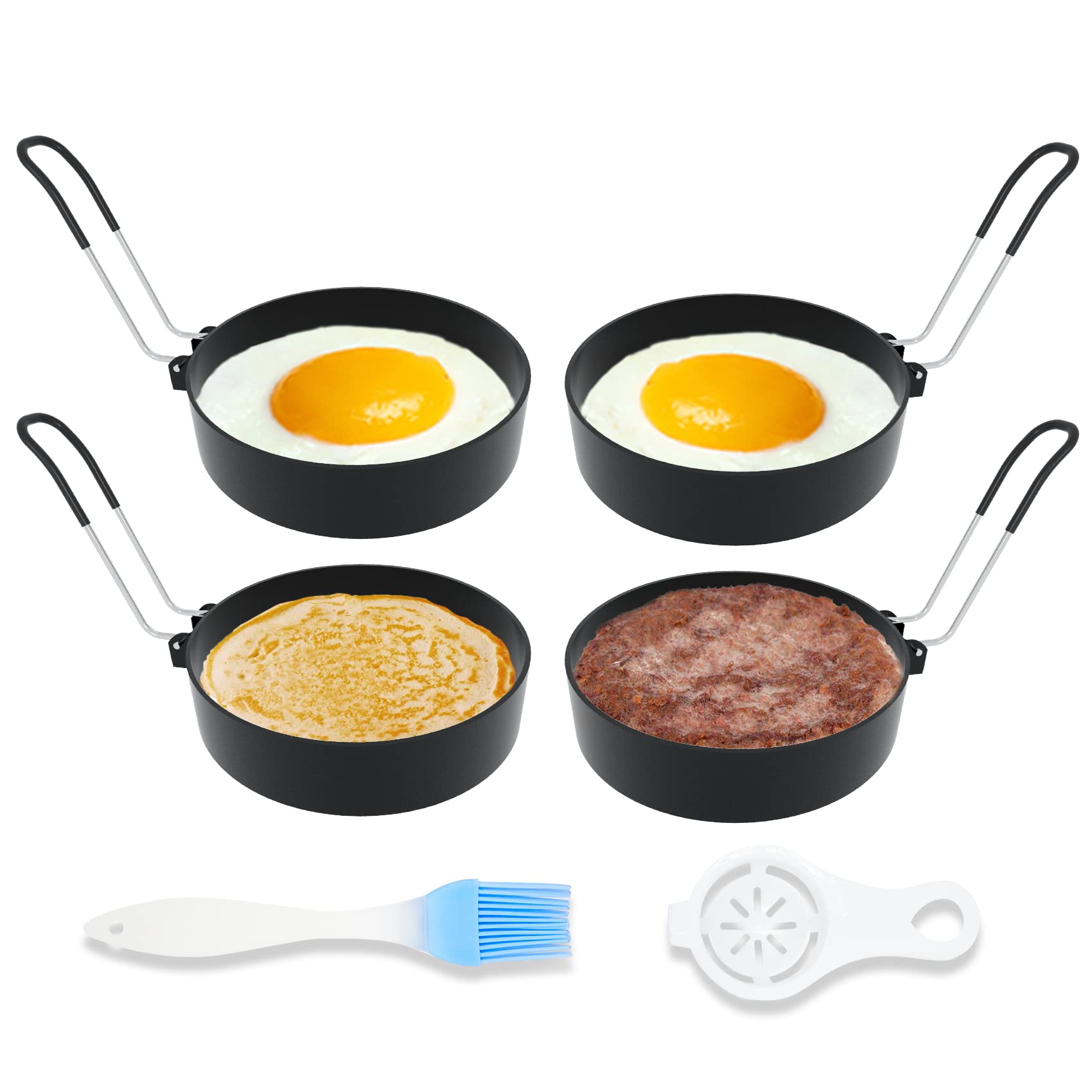 Ameupin 3.5 Inch Stainless Steel Egg Rings - 4 Pack Non Stick Round Egg Pancake Molds for Griddle Frying Eggs | Includes Oil Brush & Egg Separator | Perfect for Breakfast, Brunch, Pancakes & Cooking Perfect Round Eggs