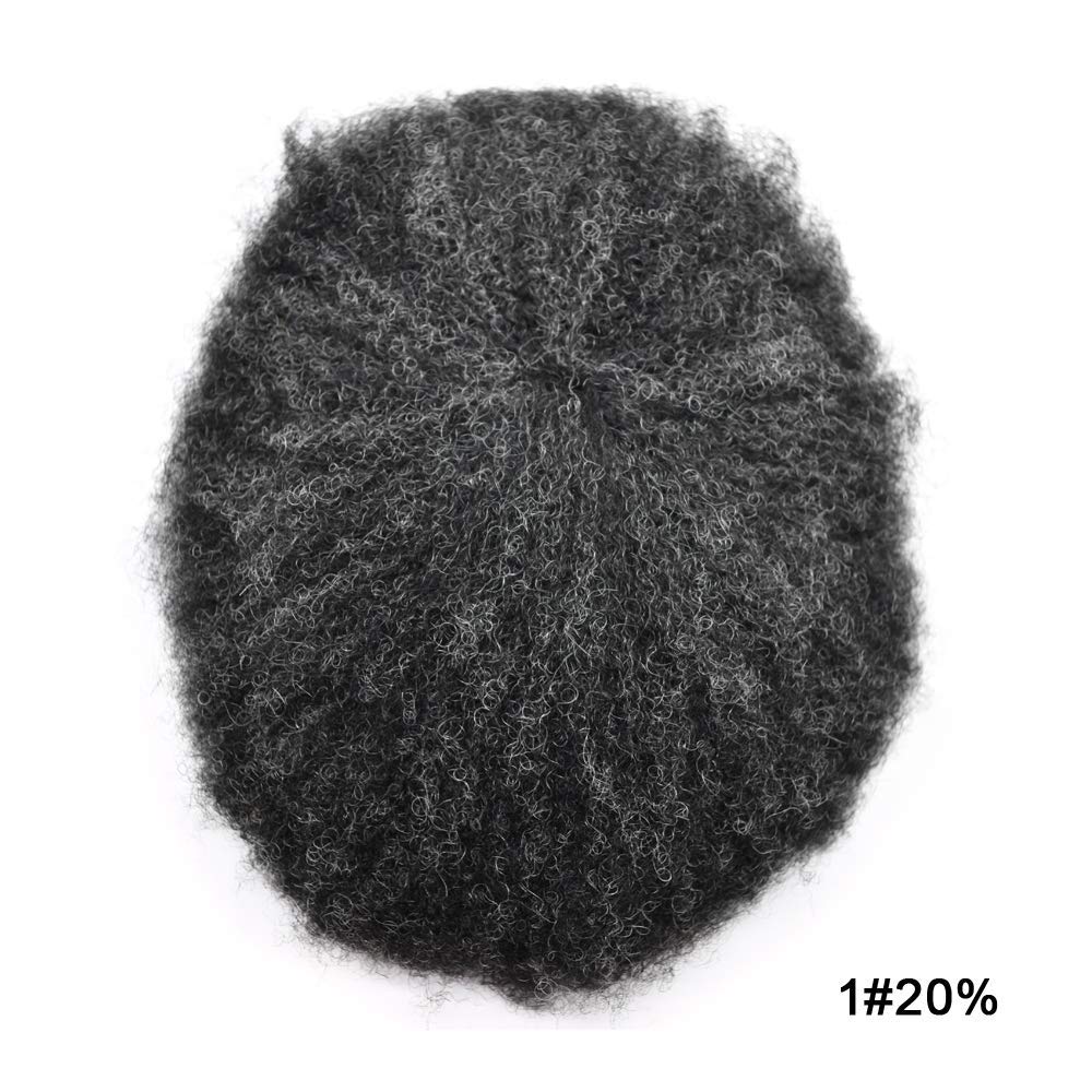 Full Lace Afro Toupee for Black Men - 8x10 Kinky Curly Virgin Human Hair System with Natural Hairline (Jet Black +20% Grey, 6mm) - Perfect for African American Men's Hair Replacement & Styling