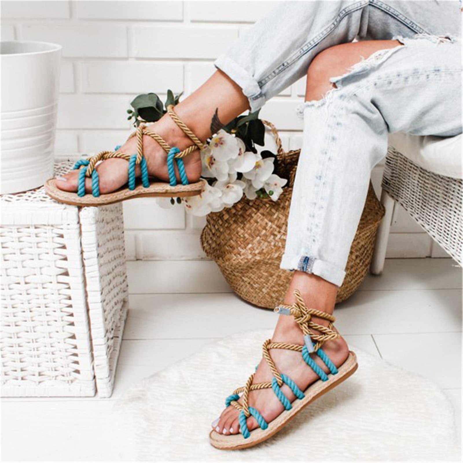Women's Lace-Up Hemp Rope Gladiator Sandals - Blue Casual Roman Style Cross-Tied Shoes | Perfect for Summer, Beach, and Boho Fashion Outfits