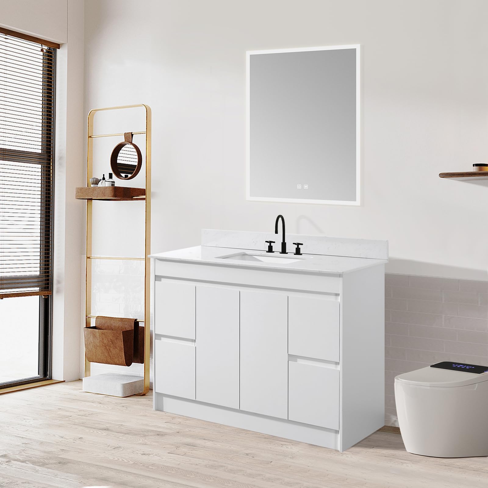 48 Inch White Bathroom Vanity with Sink Combo - Undermount Stone Top & Ceramic Sink, Thick Wood Cabinet with Soft Closing Doors & Drawers - Perfect for Modern Bathrooms, Master Bath Suites & Home Renovations
