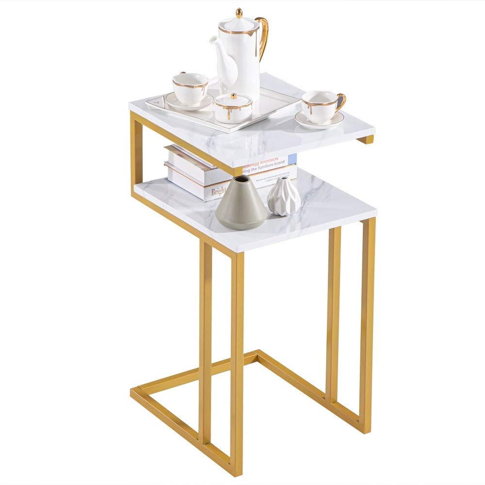 Modern C-Shaped Side Table with Gold Marble Sticker & Double-Layer Storage - White Contemporary MDF Metal Finish End Table for Living Room, Bedroom, or Office